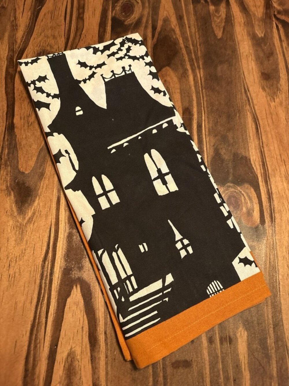 Crate & Barrel 90s Vibes Halloween dish towel Haunted House & Bats New